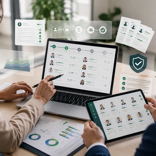 Recruiters reviewing the candidate pipeline on laptop and tablet