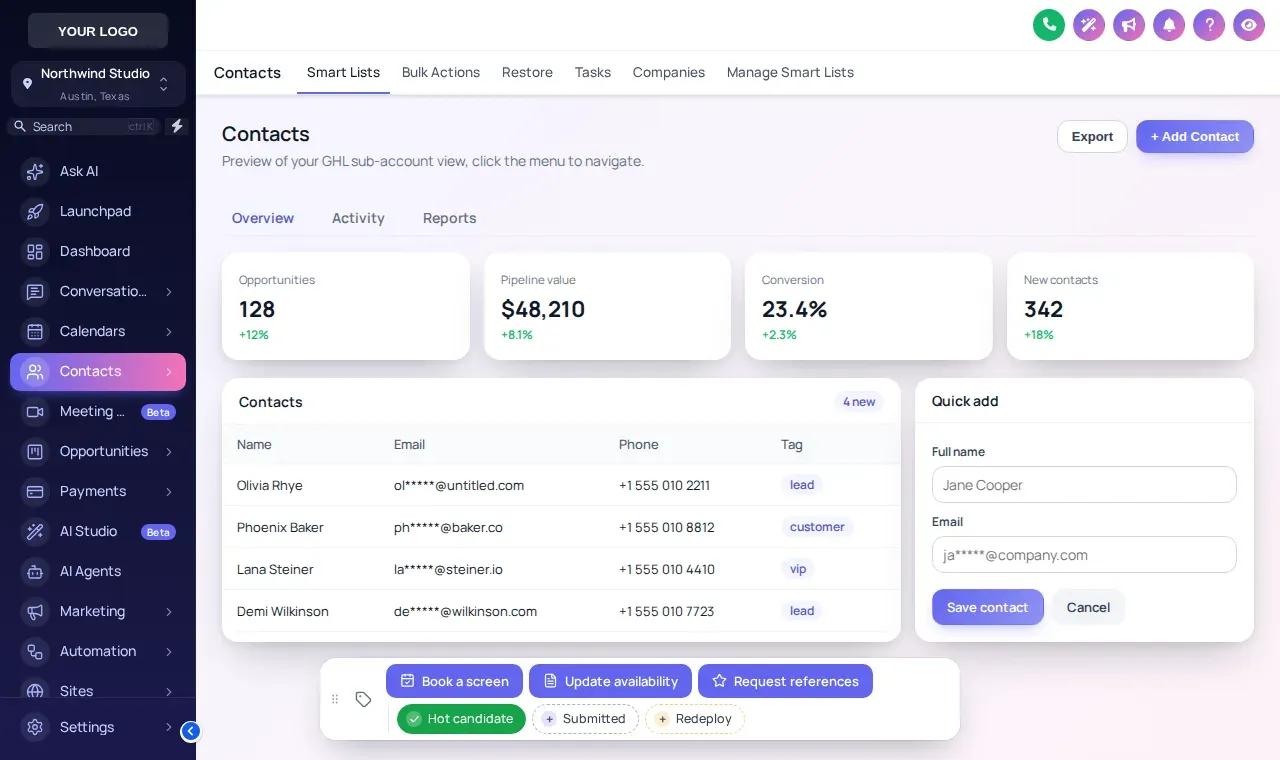 GoHighLevel contact page with the contact actions bar at the bottom center showing Book a screen, Update availability and Request references buttons plus Hot candidate, Submitted and Redeploy tags