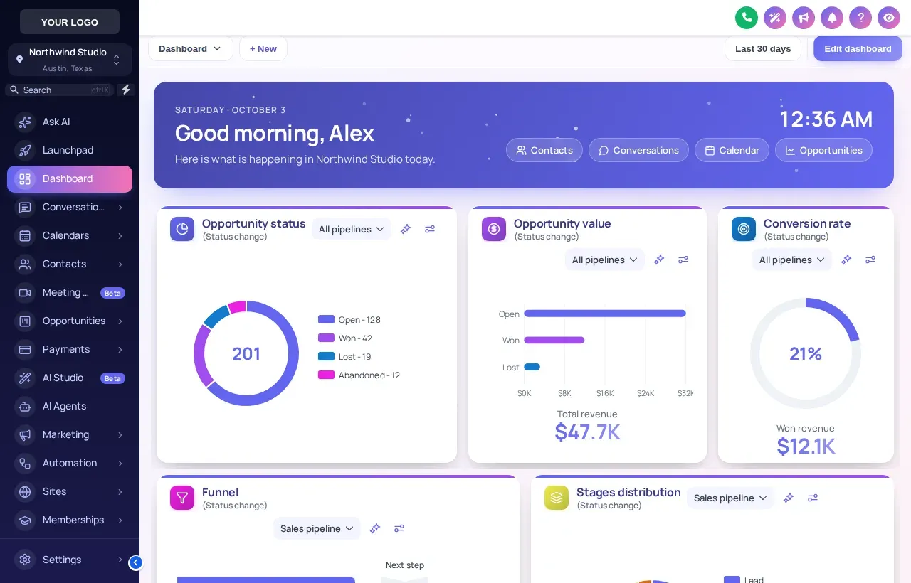 Brand Match dashboard design on a GoHighLevel sub-account: violet hero band with a Good morning greeting, live clock and quick link buttons above report cards