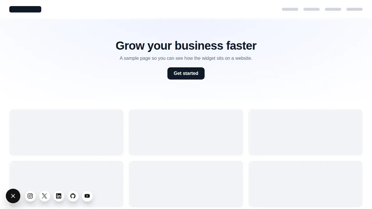 Minimal icon row floating widget open on a sample website, showing a row of round social icons at the bottom left of the page