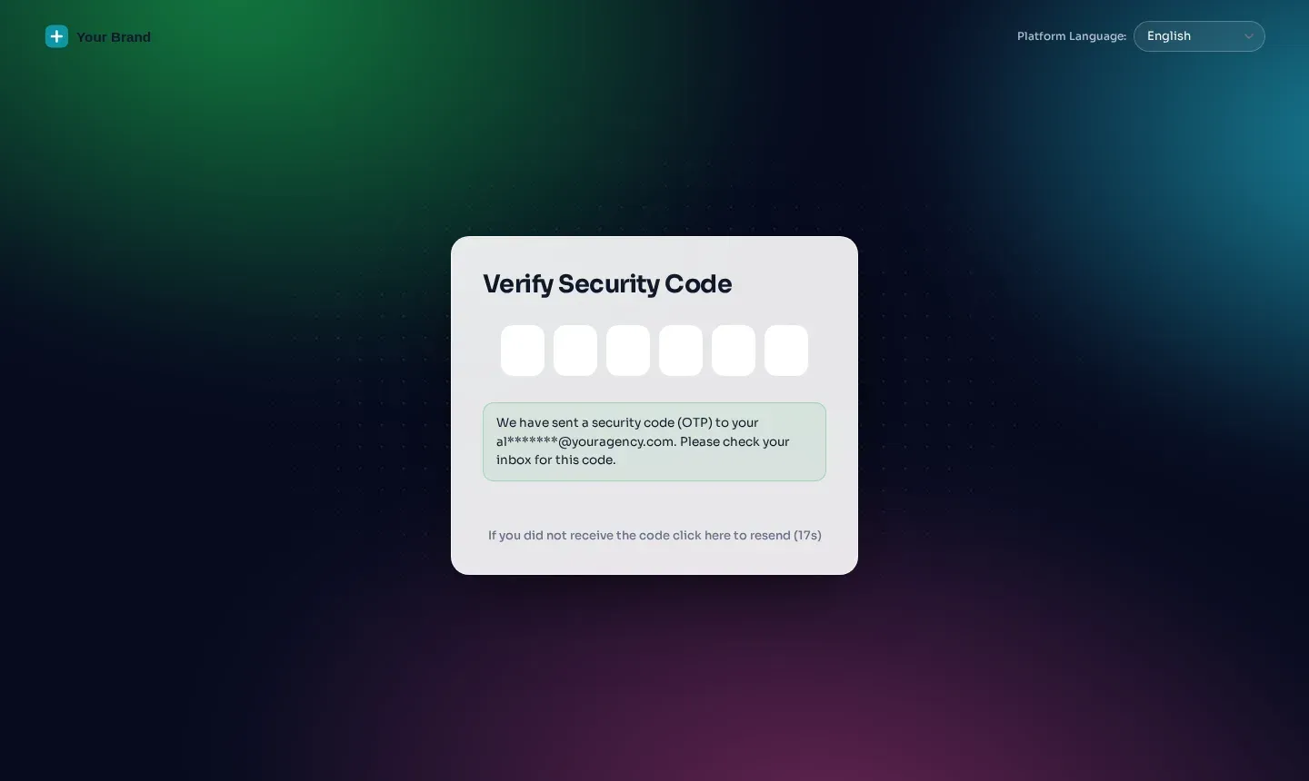 Aurora login design on the two-factor security code screen, recolored with a recruiting green accent