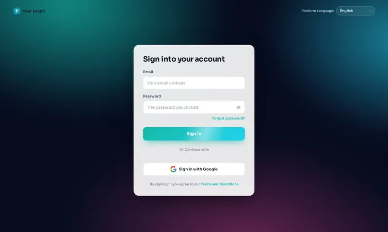 Aurora animated login page: a glass sign-in card over a drifting teal and green glow