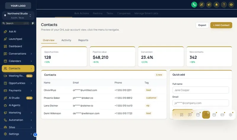 Floating quick menu in the dock layout with a glass skin over a GoHighLevel contacts page in the Royal Navy and Gold theme