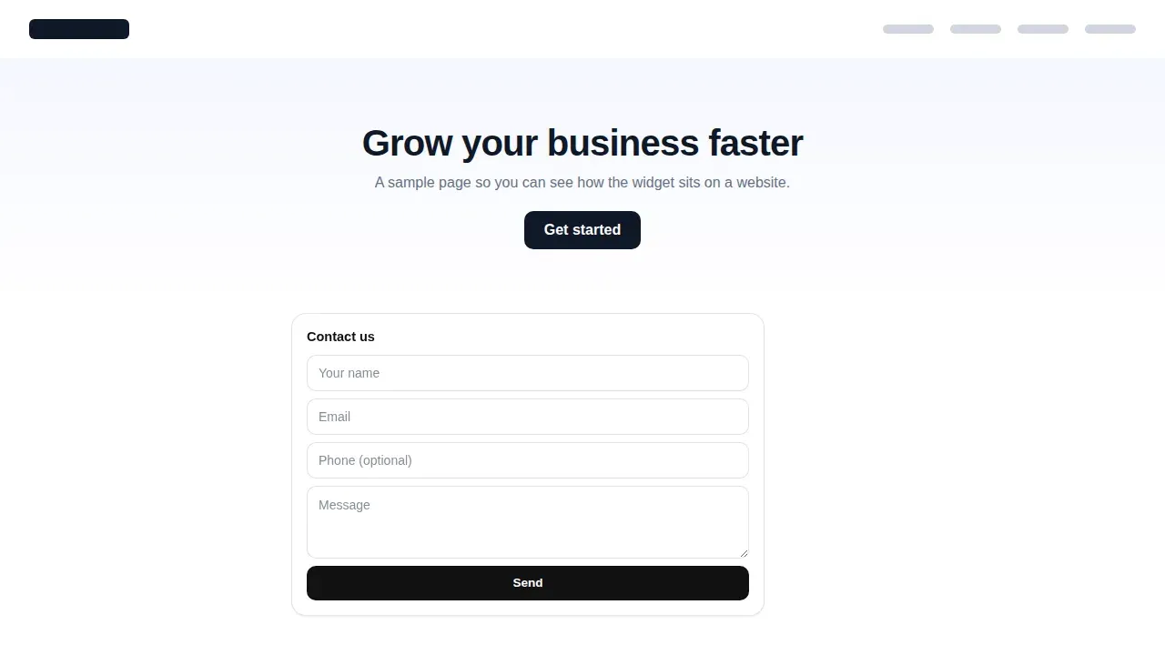 Inline contact form widget on a sample website page with name, email, phone and message fields and a Send button