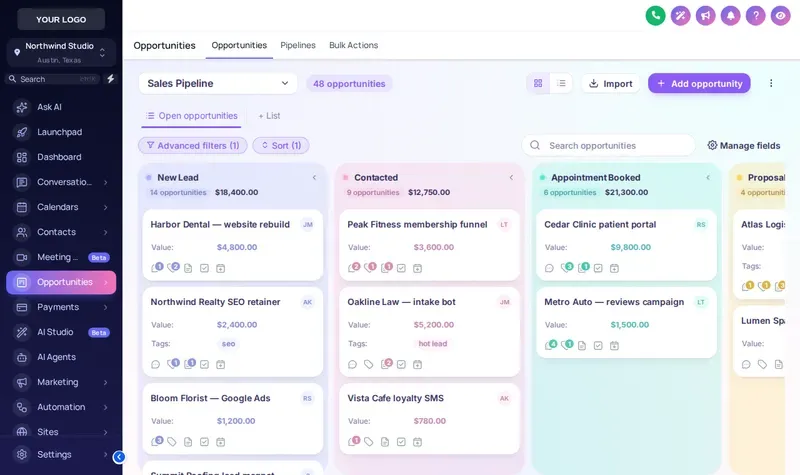Candy Pastel pipeline board design with each stage lane tinted a different pastel color