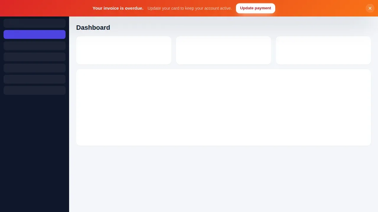 Payment reminder bar popup across the top of a GoHighLevel dashboard telling the client their invoice is overdue with an Update payment button