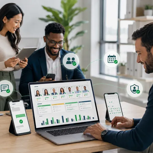 Diverse recruiting team using the snapshot — phones, laptops, and the candidate dashboard