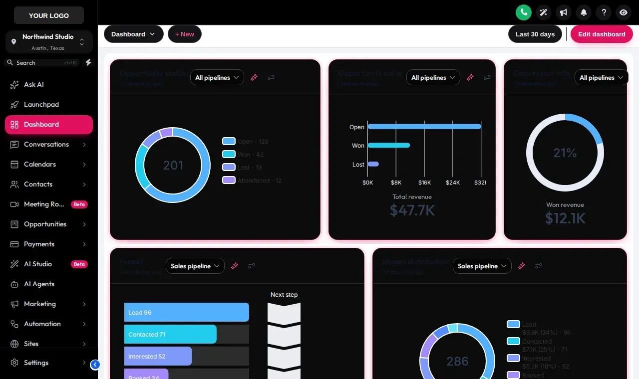 Obsidian OLED dark theme on a GoHighLevel dashboard: true black sidebar and cards with raspberry accents