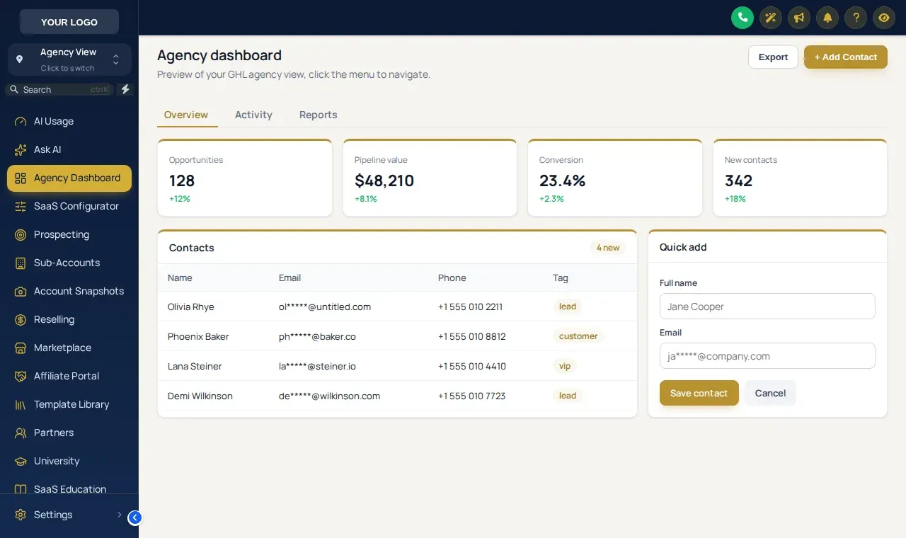 Royal Navy and Gold theme in the GoHighLevel agency view: navy sidebar, gold buttons and highlights